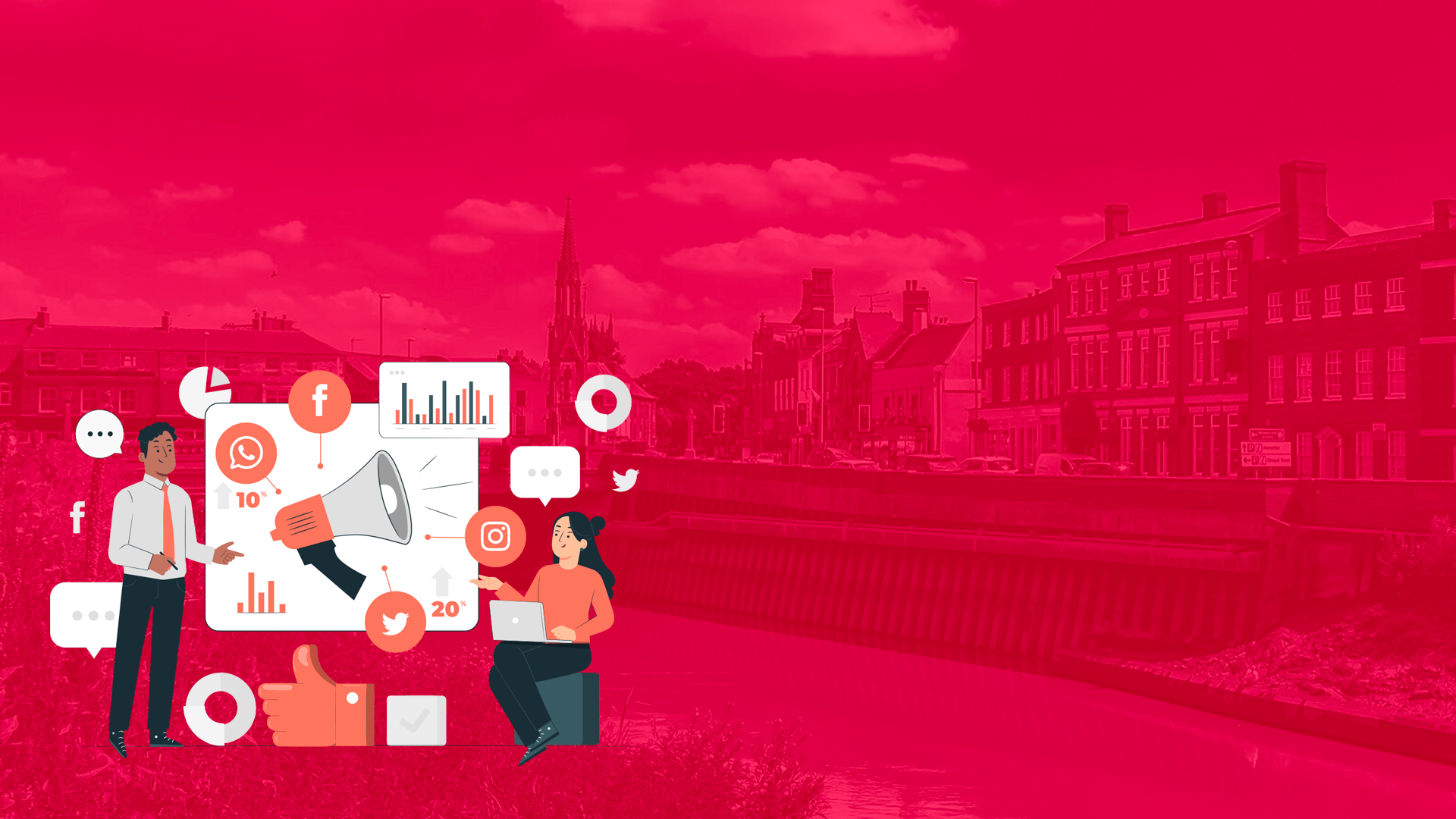 Marketing illustration on top of picture of Wisbech. Web Design in Wisbech.